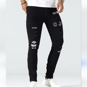 NIB skinny ripped hip hop black denim‎ jeans patches embroidery size Med